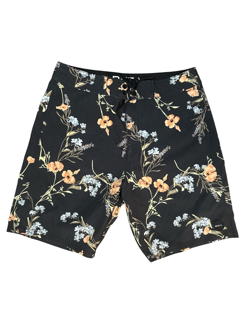 Boys RVCA Black Board Shorts with Peach and Light Blue Floral